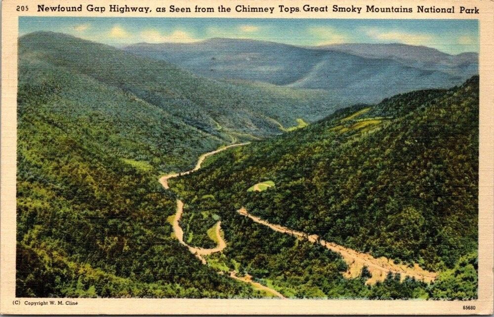 1939 Smoky Mountains Linen Postcard Newfound Gap Highway Chimney Tops TN Posted